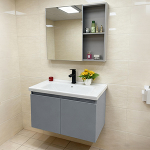 Meuble-lavabo moderne en acier inoxydable <span class=keywords><strong>avec</strong></span> portes gris mat, <span class=keywords><strong>armoire</strong></span> <span class=keywords><strong>murale</strong></span> et miroir carré pour appartement moderne - Product Image 4