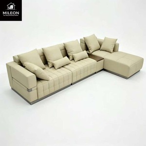 Ensemble de canapés sectionnels en forme de L modernes en cuir <span class=keywords><strong>beige</strong></span>, canapé modulaire pour salon avec table d'appoint, meubles de luxe pour villa, maison, hôtel - Product Image 2