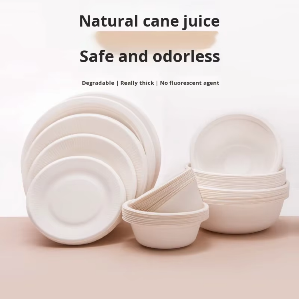 YD Disposable Sugarcane Pulp Biodegradable Thickened Paper Plate Bowl Set Tray for Outdoor Barbecue Supermarket Household