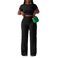 Conjunto de Dos Piezas de Punto Arrugado Sólido para Mujer, Camiseta Corta de Manga Corta, Pantalones Acampanados de Cintura Alta Elástica, Conjunto Deportivo para Diario y Vacaciones