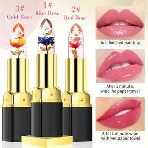 Lipstik Jelly Foil pensil Balsem bunga kustom dengan fitur berubah warna pelembap emas riasan tahan air 3.2g wanita