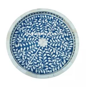 Plateau en bois avec incrustation de nacre bohème pour le Ramadan Eid Mubarak |   Plateau de service flexible artisanal pour aliments, boissons et dattes - Product Image 1