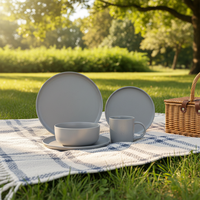 Service de table de luxe Guangda 16 pièces en grès gris moderne – Assiettes, bols et tasses en céramique |   Compatible avec lave-vaisselle et four à micro-ondes