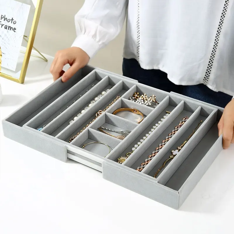 Multicajones señora joyería acentos de metal forro gris bandeja de almacenamiento de exhibición terciopelo extraíble organizador de joyas personalizado