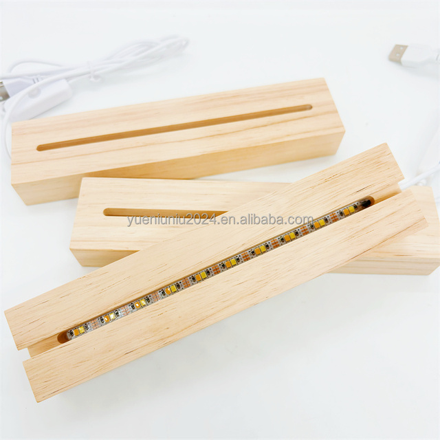 Factory Direct Supply LED Light Base 3D Acrylic Illusion Real Wood Base Warm White Oval Rectangle Circle Shape Middle Battery