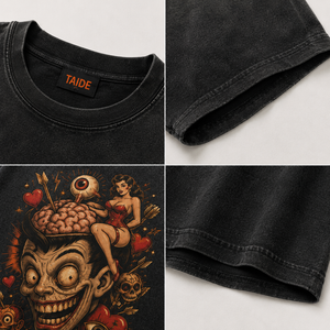 เสื้อยืด TaiDe ได้รับการรับรองมาตรฐาน BSCI ความหนา 280GSM ล้างสีแบบ Acid Wash ลายวินเทจ ลายสัก ลายแฟลช พินอัพ ลายหัวกะโหลก พิมพ์ลายด้านหน้าและด้านหลัง สองสี โลโก้สั่งทำได้ รับผลิตแบบ OEM ขายส่ง - Product Image 2