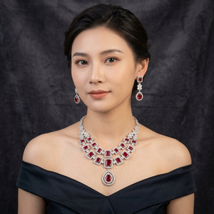 Luxury <b>Ruby</b> Emerald Cut CZ Brass Bridal Jewelry Set Two Layer American Diamond <b>Necklace</b> and Drop Earrings for Women - Product Image 2