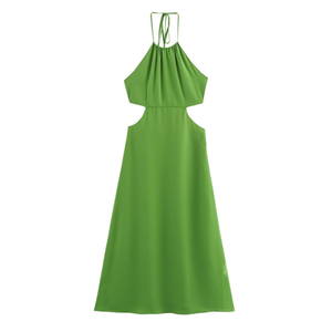 Vestido Largo Informal de Verano para Mujer, Estilo Halter, Verde, Cintura Hueca, Sin Mangas, Largo Maxi, Transpirable, Tejido, Diseño Sólido - Product Image 1