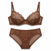 Ensemble de lingerie trois pièces pour femme, marron cacao Morandi, vintage, élégant, avec broderie en dentelle, soutien-gorge push-up à couvrance complète et culotte florale à dentelle en V