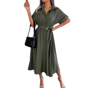 Abito lungo estivo da donna 2026 con bottoni, colletto, <span class=keywords><strong>maniche</strong></span> corte, cintura in vita, vestibilità ampia, tinta unita - Product Image 5