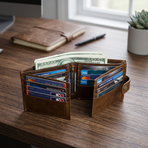WRIZA Handmade Wriza Men's Crazy Real Cow Leather <b>Long</b> <b>Wallet</b> Landscape Pattern Polyester Lining Vintage Style RFID Feature Hasp - Product Image 5