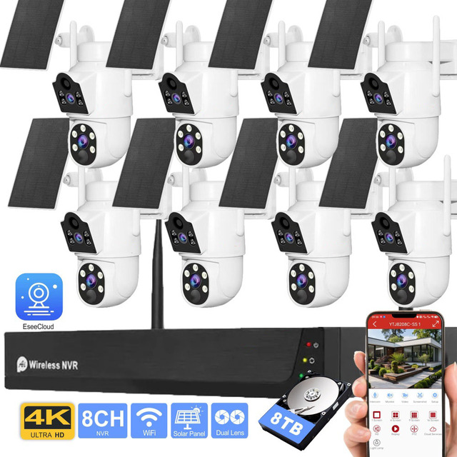 4CH/8CH Camera System Security Cctv Night Vision Dual Lens Solar NVR Poe Wireless Home Solar Outdoor IP Camera System Security