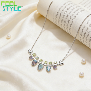 Collier pendentif barre en arc cœur unique, goutte d'eau, pierres fantaisie bleues et violettes en CZ, chaîne en acier inoxydable 316 plaqué or PVD - Product Image 4