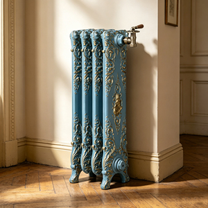 <span class=keywords><strong>Radiateur</strong></span> de chauffage classique vintage <span class=keywords><strong>en</strong></span> <span class=keywords><strong>fonte</strong></span> à 4 sections, 31 pouces de haut, thermostatique, à poser au sol, peinture bleue et or, à économie d'énergie - Product Image 2