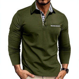 Polo de Manga Larga para Hombre, Verde Oliva, Cuello a Cuadros, Bolsillo en el Pecho, Informal, de Punto, de Algodón Transpirable, Corte Regular - Product Image 2