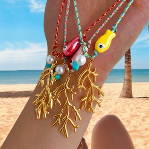 Bohemian Style Waterproof Stainless Steel Bead and <strong>Ceramics</strong> Fish Blue Colored Rope Necklace with Trendy <strong>Jellyfish</strong> Pendant - Product Image 1