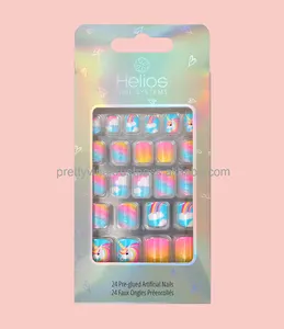 HELIOS 24 pcs rainbow pre-glued false nails for kids press on nails artificial children nails