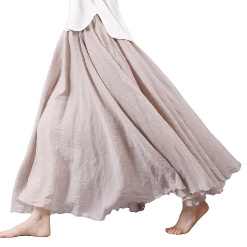 Women's Elegant High Waist Linen Maxi Skirt 2023 Summer Ladies Casual Elastic Waist 2 Layers Skirts saia feminina Girl Dress