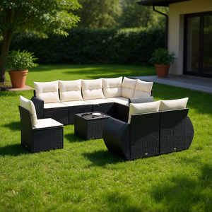 Conjunto de Sofás de Jardín Modernos para Exteriores, Ratán Sintético Negro con Cojines Crema, Espuma de Alta Densidad, Tamaño Grande - Product Image 3