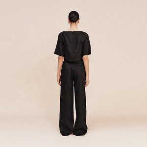 <span class=keywords><strong>Pantaloni</strong></span> Neri da Donna a Vita Alta con Apertura Frontale a Gancio, Dettaglio Pieghe Invertite, Gamba Larga, 100% Lino - Product Image 5