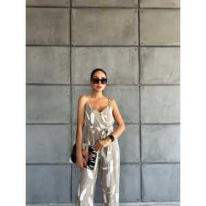 Mono de chifón con cuello en V y tirantes para mujer, de cintura alta, sin mangas, informal, transpirable, estilo urbano, con diseño estampado - Product Image 2