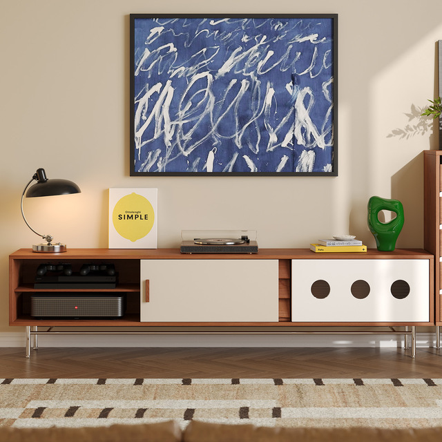 Modern Walnut Media Console with Multi Drawer Storage and Sliding Door Cabinet