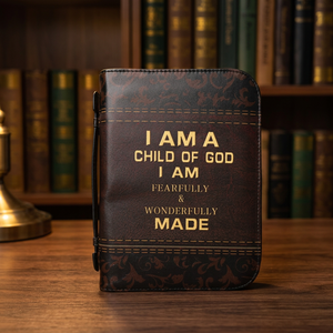 Funda de Biblia de Cuero con Diseño Grabado en Relieve de "Soy un Hijo de Dios" Color Marrón con Patrón Decorativo y Detalles de Costura - Product Image 3