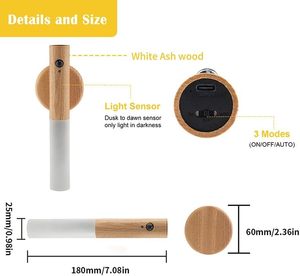Luces Nocturnas Recargables <span class=keywords><strong>con</strong></span> Sensor de <span class=keywords><strong>Movimiento</strong></span>, Sensor Corporal Magnético, Portátiles, Alimentadas por Batería. Aplique de Pared de Madera. - Product Image 2