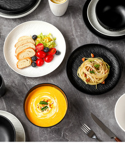 Dinnerware Set Modern Stone Texture Unbreakable Wheat Fiber Plastic <b>Plates</b> Bowls Set <b>Black</b> White for Home Restaurant Hotel Use - Product Image 6