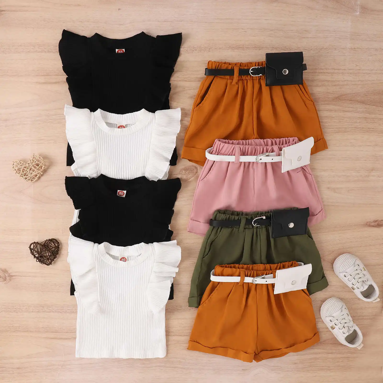 2023 Summer New College Style Children Clothing Flying Sleeve T Shirt Shorts Belt bag 2PCS Suit Baby Girl Clothes