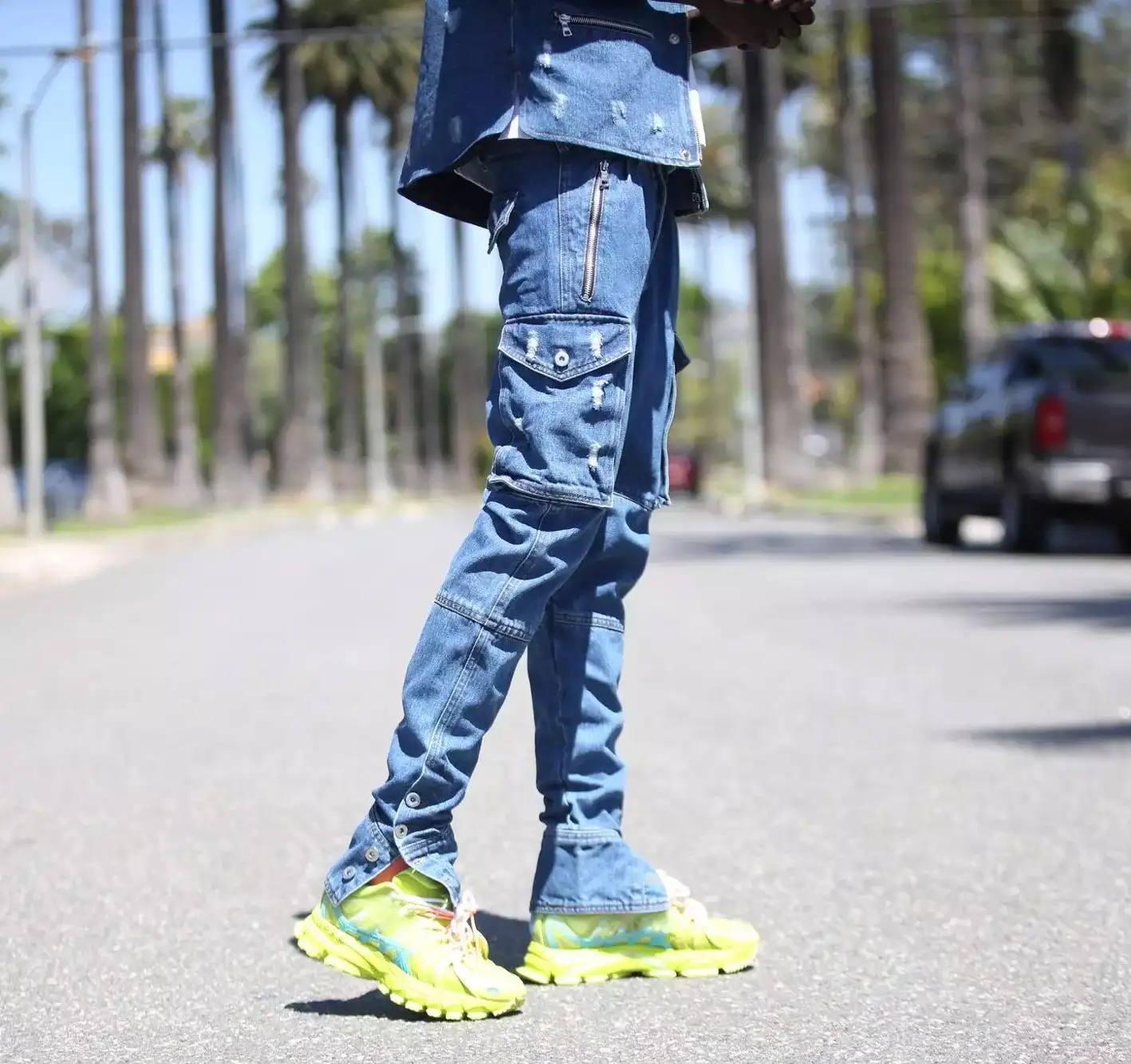 Streetwear Hip Hop Skinny Fit Multi Pocket Cargo Pants Mens Baggy Slim Fit Denim Cargo Jeans