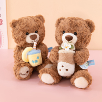 Boneka Beruang Teddy Cokelat Kawaii Harga Pabrik dengan Cangkir Minuman Bubble Tea, Boneka Hewan Lembut Berbulu Keriting untuk Hadiah Ulang Tahun Valentine