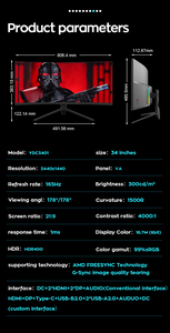 Monitor Curvo para Juegos de 34 Pulgadas, 1500R, 3440x1440, 165Hz, HDR400, Ultra Claro, <span class=keywords><strong>WQHD</strong></span>, con Interfaz DP, Anti-Luz Azul, para Escritorio - Product Image 6