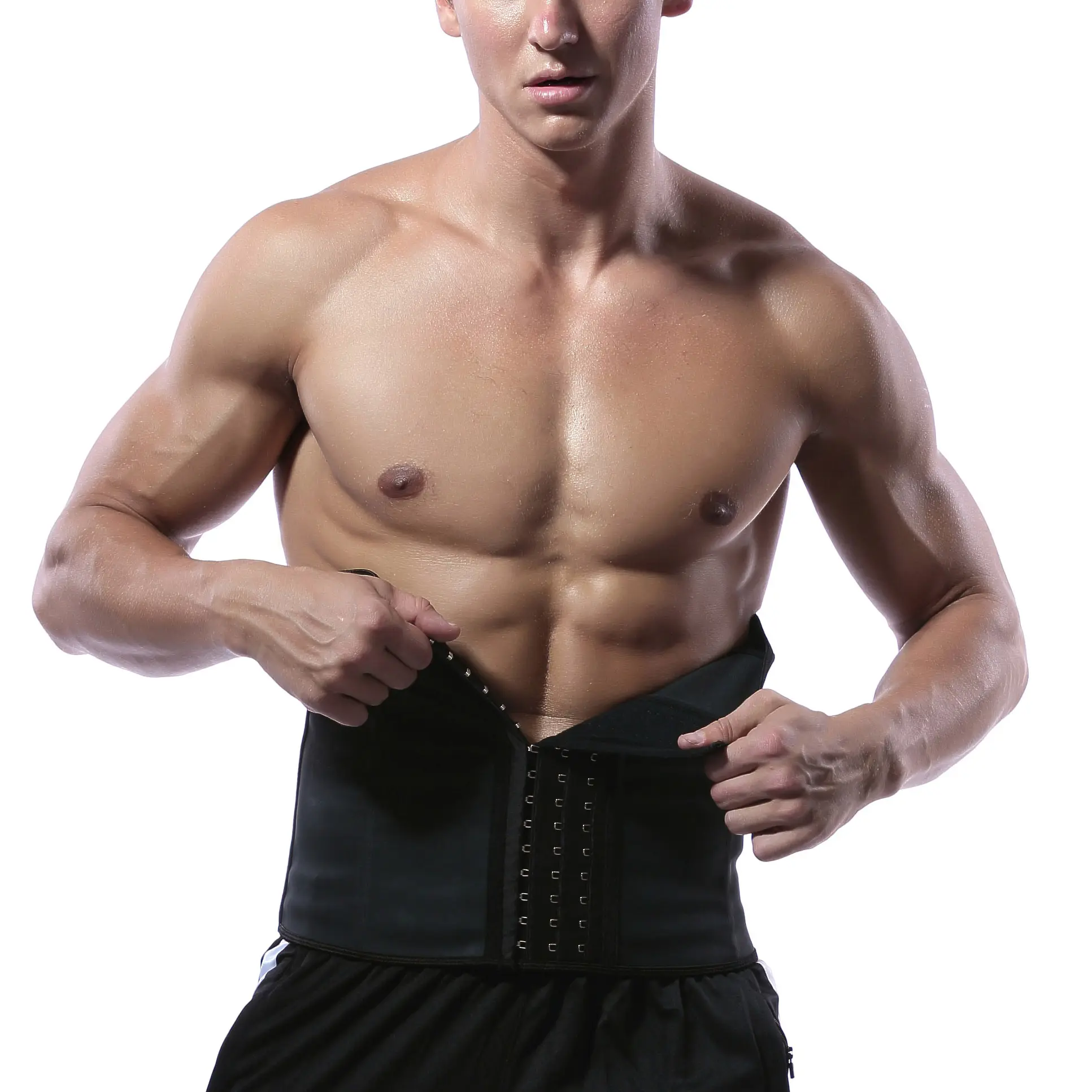 สีดำ9เหล็กกระดูกยางกระชับสัดส่วนร่างกาย Shaper สำหรับผู้ชายยางเทรนเนอร์เอว