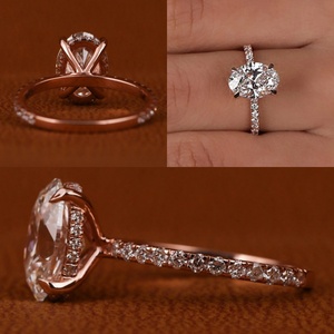 Кольцо с выращенным в лаборатории бриллиантом из цельного золота 18K 14K 10K, сертифицировано IGI, CVD HPHT VVS, обручальное/помолвочное кольцо для женщин и мужчин, овальный камень, скрытый ореол - Product Image 2