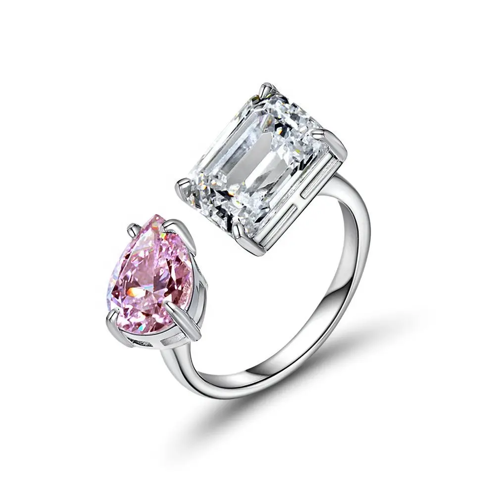 Ins Jewelry 925 Sterling Silver White Emerald Pink Pear Cut Carbon Diamond Cubic Zirconia Double Stone Ring