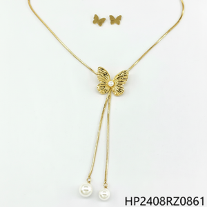 All'ingrosso da donna in acciaio inossidabile Set di gioielli in oro 24K placcato collana bracciale orecchini anello con perla pietra principale per il regalo - Product Image 1