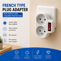 Adaptateur de prise de type français avec interrupteur, protection enfant, 2x16A 230V~, max 3680W, matériau PP, cuivre pur, 2 prises, utilisation en voyage