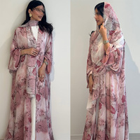 Ensemble deux pièces Abaya ouverte en polyester respirant à imprimé floral en mousseline 2026 – Tenue décontractée et élégante pour femme musulmane