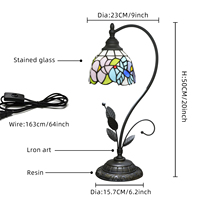   Lampe de table en verre teinté style Art Déco, motif floral colibri, veilleuse de chevet, base en métal bronze antique