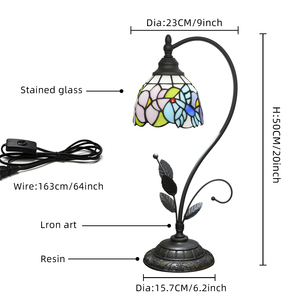  Lampu Meja Kaca Patri Bergaya Floral Hummingbird Art Deco Lampu Tidur Antik dengan Alas Logam Perunggu - Product Image 6