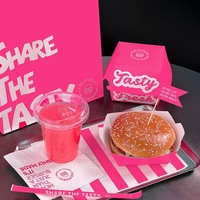 Caja para Hamburguesas Desechable de Papel Rosa Tipo Concha para Comida Rápida, Envase para Comida para Llevar de Restaurantes