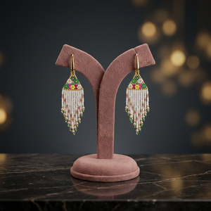 Sstringz Handcrafted Ivory White, <b>Emerald</b> Green, Blush Pink & Gold Miyuki Delica Beaded Fringe Earrings with Pearl Accents Boho - Product Image 5