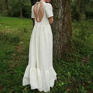 Romantic Elegant Wedding Party Backless Short Sleeve O-Neck Ladies Linen Design Dress 100% Linen Fabric For Dress