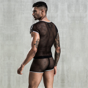 Maglietta a maniche lunghe da uomo sexy in pelle PU trasparente con lacci e inserti in rete - Product Image 6
