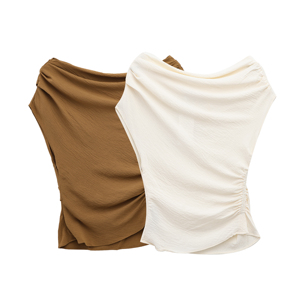 Blusa Casual de Moda para Mujer, Diseño Asimétrico de 2 Colores, Cuello Redondo, Color Sólido, Plisada - Product Image 1