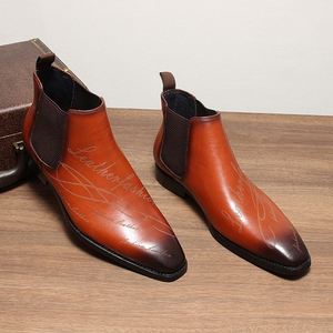 Nouvelles bottes Chelsea en cuir pour homme, première couche de cuir de vachette, bottes courtes, impression laser, bottes en cuir tendance - Product Image 3