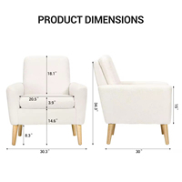 Fauteuil moderne en tissu Teddy blanc rembourré, fauteuils confortables pour la lecture, salon, chambre à coucher, hôtel, fauteuil d'appoint avec pieds en bois