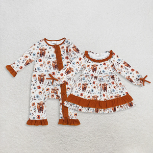 Conjunto coordinado infantil de moda con temática de granja y estampado de vaca de las Tierras Altas y flores silvestres, pelele de manga corta con cremallera y volantes para niñas - Product Image 5