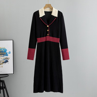 Robe en tricot pour femme, manches longues, col contrastant, mi-longue, respirante, en polyester et coton, printemps 2026
